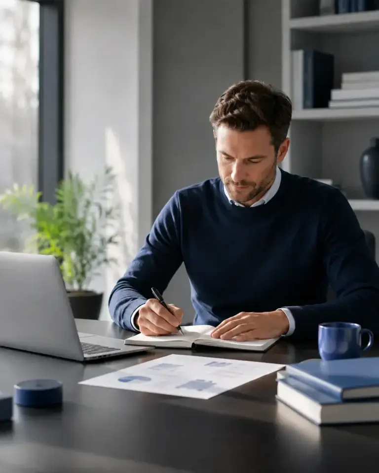 Professional werkt geconcentreerd aan plannen en praktische kennis voor Detadoc