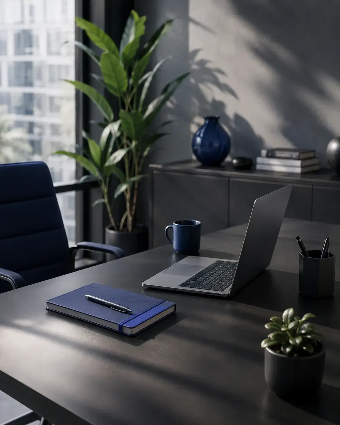 Moderne werkplek met laptop en blauwe accenten voor verdere ontwikkeling