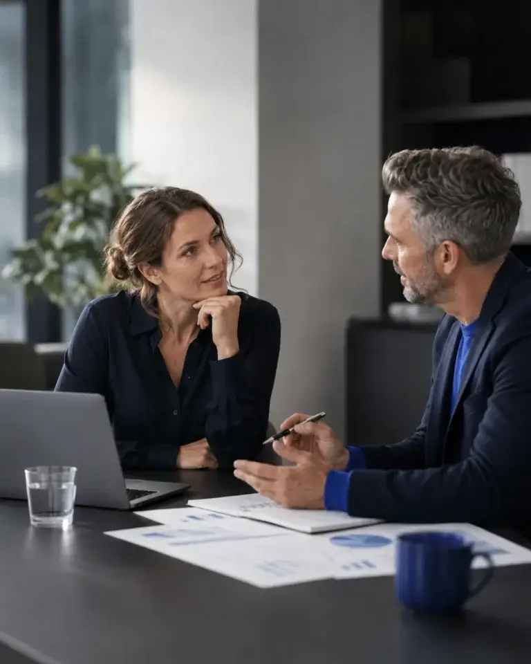 Twee professionals bespreken inzichten en oplossingen tijdens een Detadoc overleg
