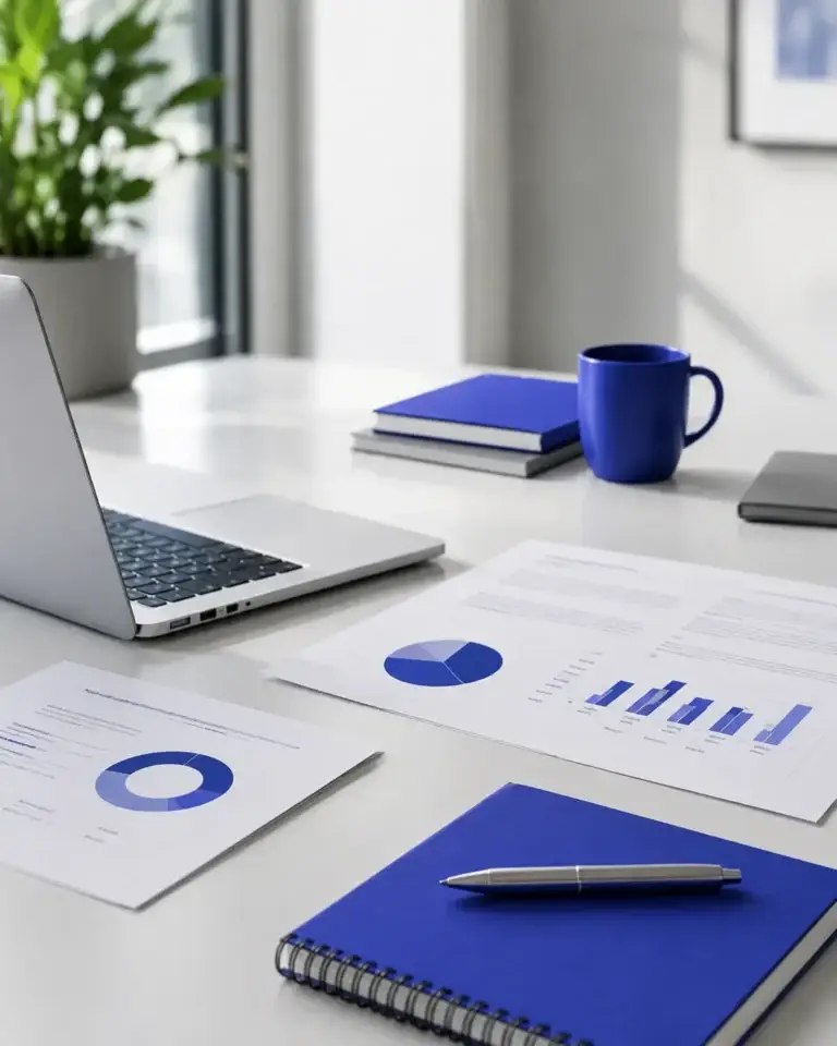 Moderne Detadoc werkplek met laptop, documenten en blauwe accenten