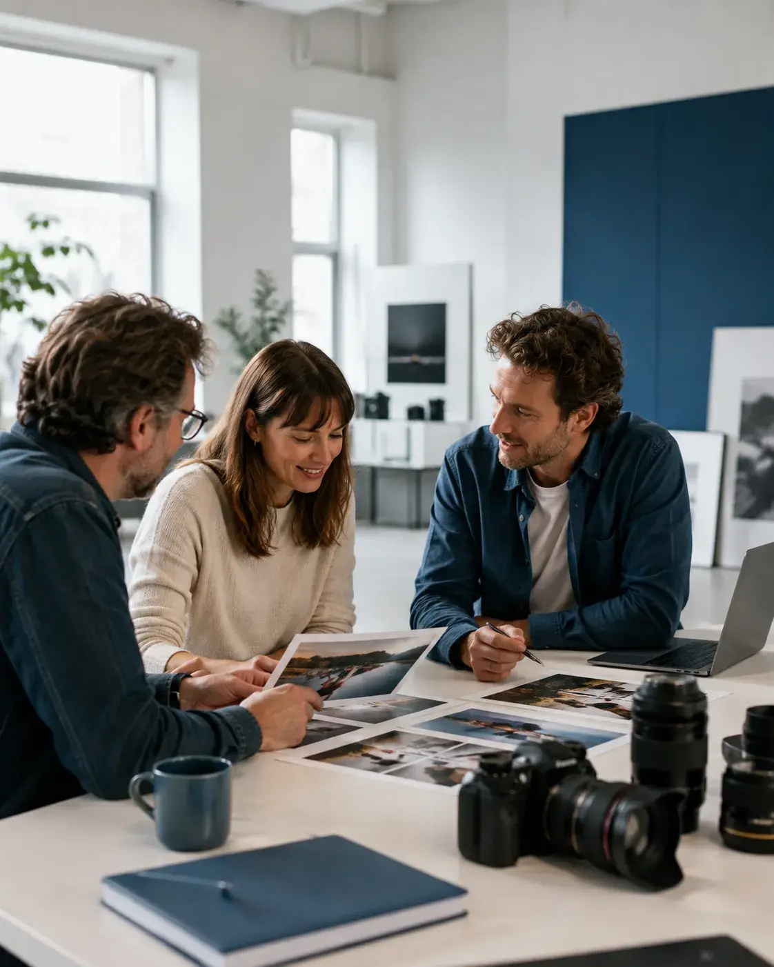 Creatieve professionals bespreken fotografie en beeldmateriaal tijdens een samenwerking bij Fotoburo Brabant