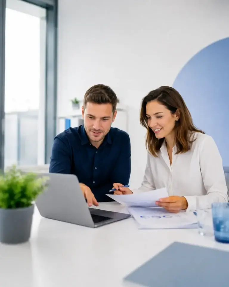 Twee professionals bekijken samen informatie en praktische antwoorden op een laptop