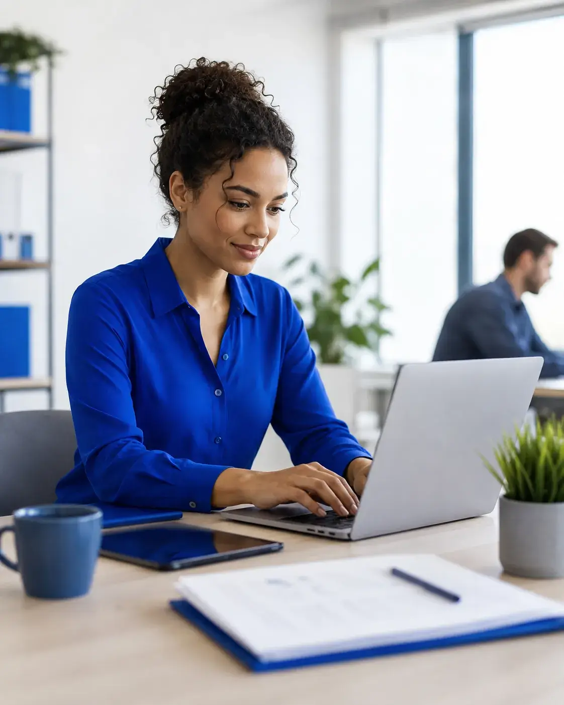 Professional werkt aan een laptop in een moderne werkomgeving voor registratie en deelname aan Detadoc