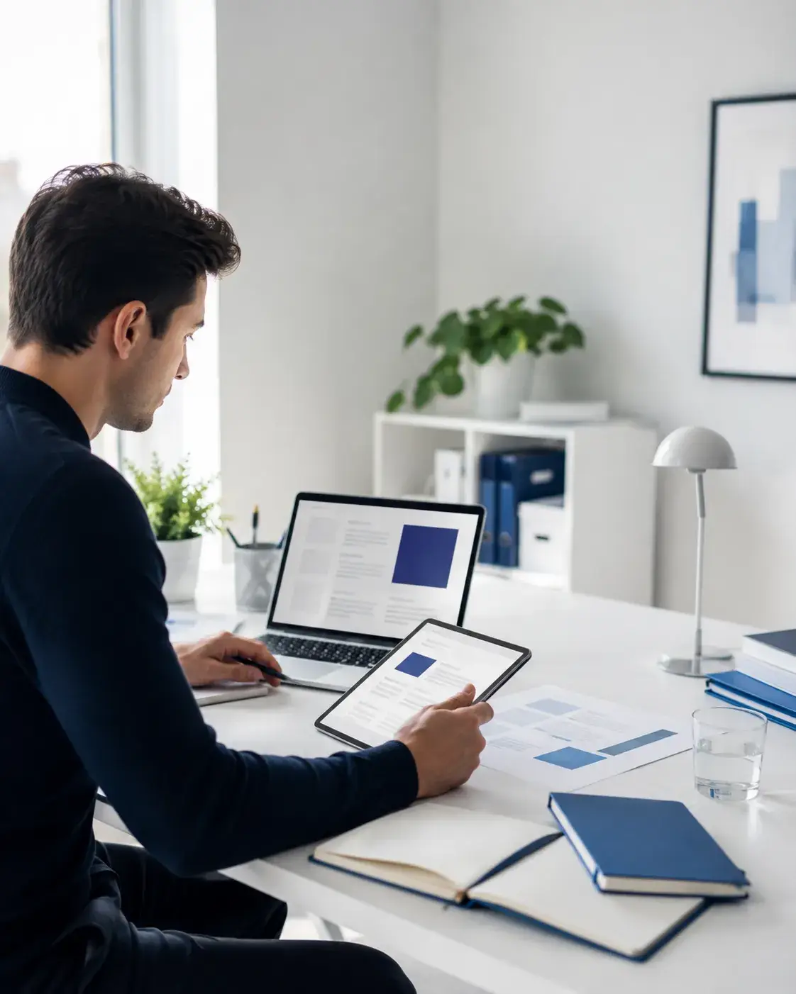 Professional werkt met laptop en tablet aan duidelijke digitale informatie en kennis