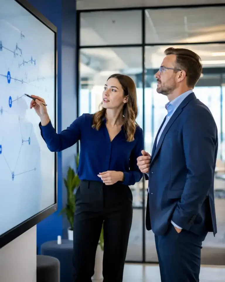 Twee professionals bespreken digitale processen en delen kennis in een moderne werkomgeving